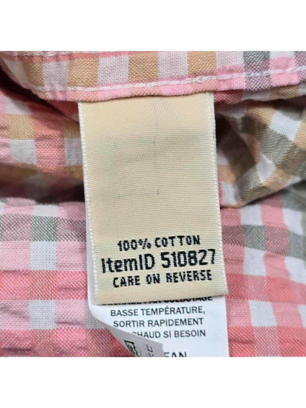 LL Bean Large Womens Short Sleeve Button-Front Plaid Shirt Pink/Green 100 Cotton - Picture 3 of 4